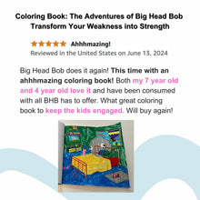 Load image into Gallery viewer, Five star customer review of the Big Head Bob coloring book with a page colored by a young reader