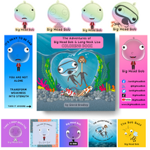 Load image into Gallery viewer, The Adventures of Big Head Bob & Long Neck Lisa Coloring Book by David Bradley — cover showing Bob and Lisa scuba diving underwater, surrounded by colorful coral and sea life, with Big Head Bob stickers, bookmark, and social media handles
