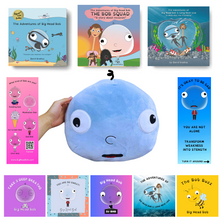 Load image into Gallery viewer, A collection of 'The Adventures of Big Head Bob' books and merchandise, including a plush doll and various signed books.