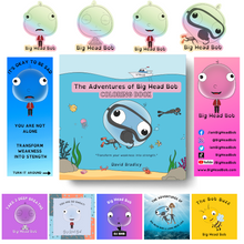 Load image into Gallery viewer, Big Head Bob coloring book bundle with the stickers, bookmarks, and postcards included in every order