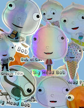 Load image into Gallery viewer, Big Head Bob holographic sticker sheet featuring Bob, Long Neck Lisa, and friends