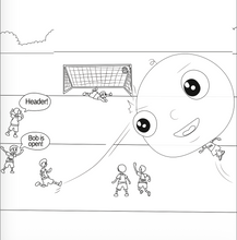 Load image into Gallery viewer, Black and white illustration of a soccer scene with a large ball and players on a field.