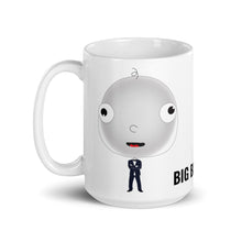 Load image into Gallery viewer, A white ceramic mug with a glossy finish featuring a character's face in the center, surrounded by text that reads 'BIG BUSINESS' on the side.