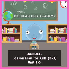 Load image into Gallery viewer, Big Head Bob at a classroom desk, cover of the Big Head Bob Academy Bundle of 5 SEL Lesson Plans for Kids (K-3)
