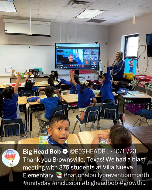 A classroom of 375 students in Brownsville, Texas on a virtual Big Head Bob visit