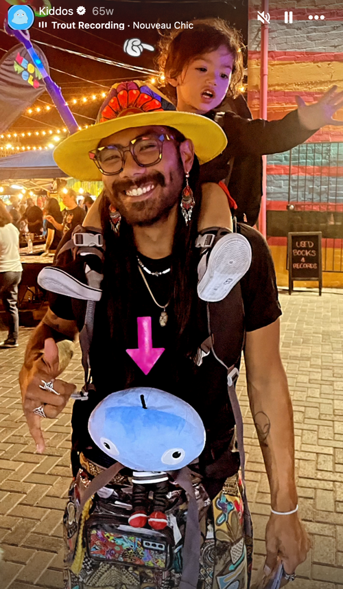 Fan wearing a Big Head Bob plush head at a festival