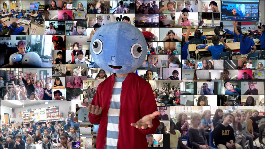 Big Head Bob virtual visit with dozens of classrooms on screen