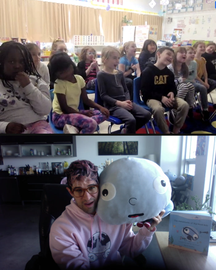 Students cheering during a virtual Big Head Bob visit